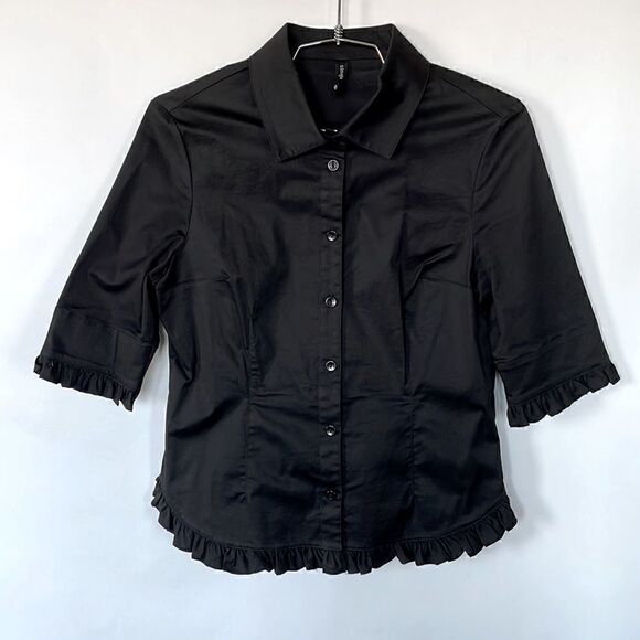 Single Tops - Vintage Black 3/4 Sleeve Shirt with Ruffled Hems, 8
